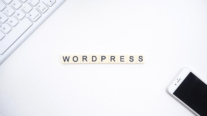 Letter cubes on a white surface that spell out “WordPress”.